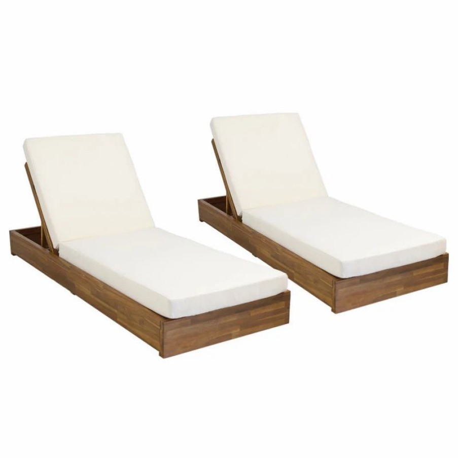 Outdoor Chairs * | Gdfstudio Lindero Acacia Wood Chaise Lounges, Set Of 2, Cream/Teak