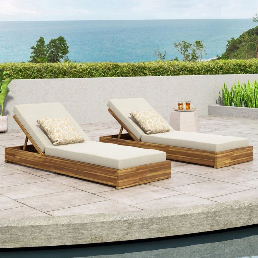 Outdoor Chairs * | Gdfstudio Lindero Acacia Wood Chaise Lounges, Set Of 2, Cream/Teak