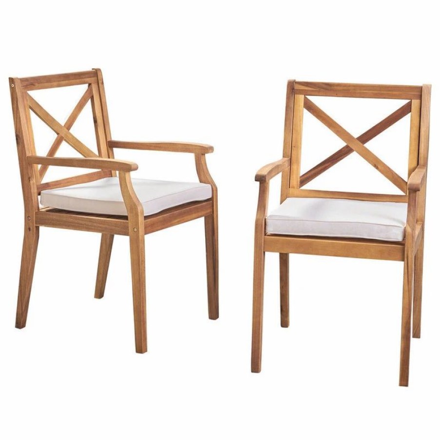 Outdoor Chairs * | Gdfstudio Gdf Studio Peter Outdoor Acacia Wood Dining Chair, Set Of 2, Teak/Cream Cushion