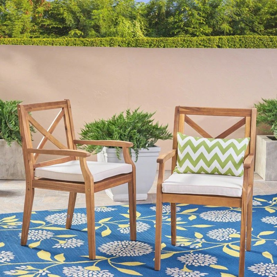 Outdoor Chairs * | Gdfstudio Gdf Studio Peter Outdoor Acacia Wood Dining Chair, Set Of 2, Teak/Cream Cushion