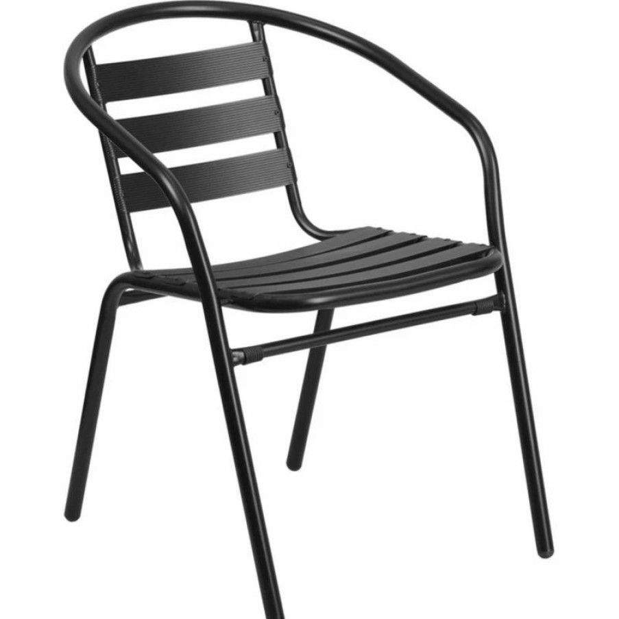 Outdoor Chairs * | Flash Furniture Black Metal Restaurant Stack Chair With Aluminum Slats