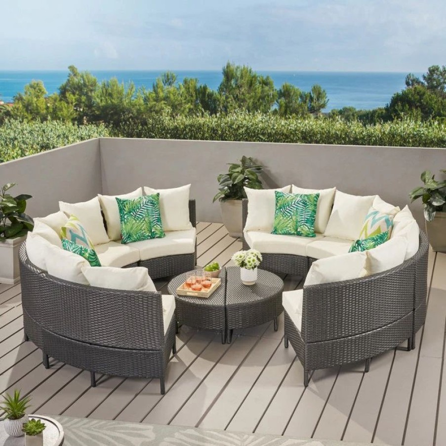 Outdoor Lounge Furniture * | Gdfstudio Gdf Studio Alacati 8-Seat Wicker Sectional, Gray/White