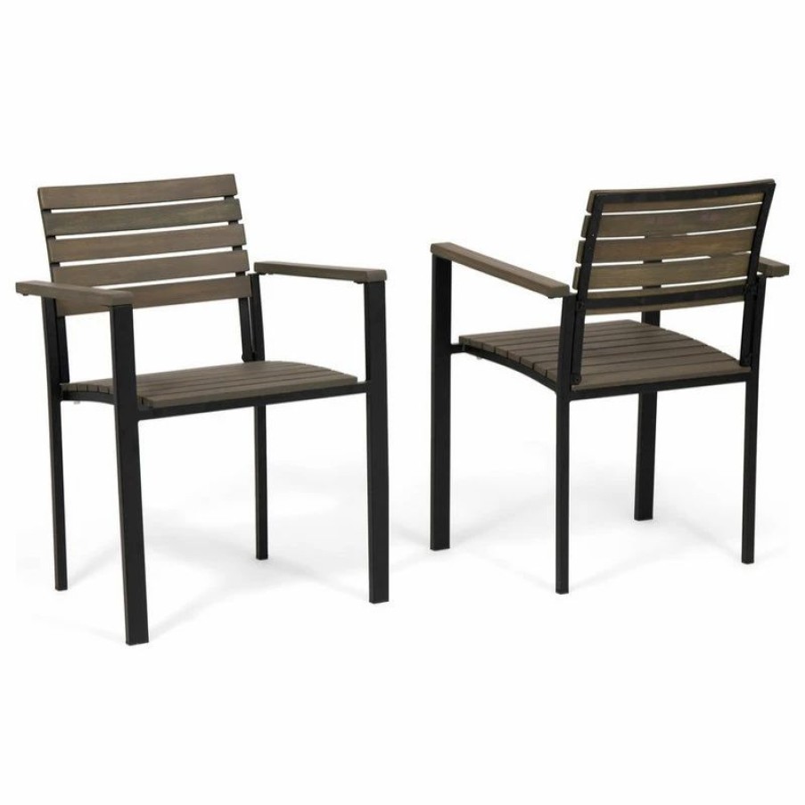 Outdoor Chairs * | Gdfstudio Alberta Outdoor Wood And Iron Dining Chairs, Set Of 2, Gray Finish, Black