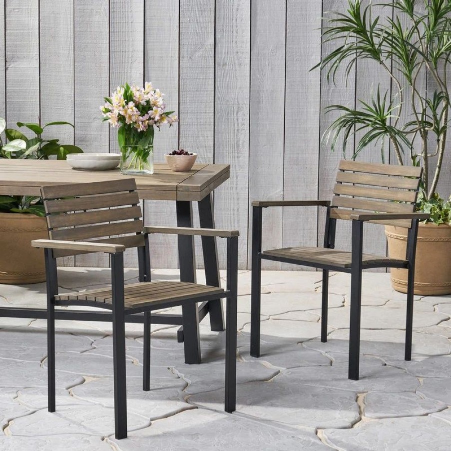 Outdoor Chairs * | Gdfstudio Alberta Outdoor Wood And Iron Dining Chairs, Set Of 2, Gray Finish, Black