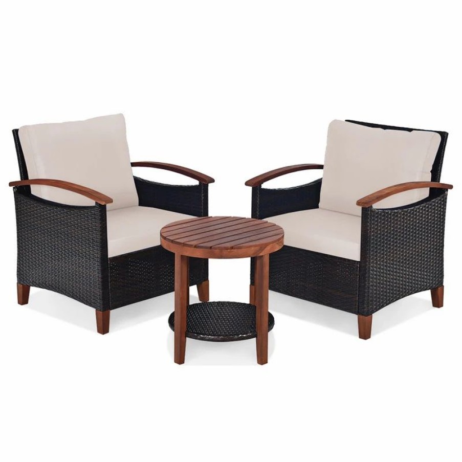 Outdoor Lounge Furniture * | Costway 3Pcs Patio Rattan Furniture Set Wooden Frame Cushion Table Shelf Beige