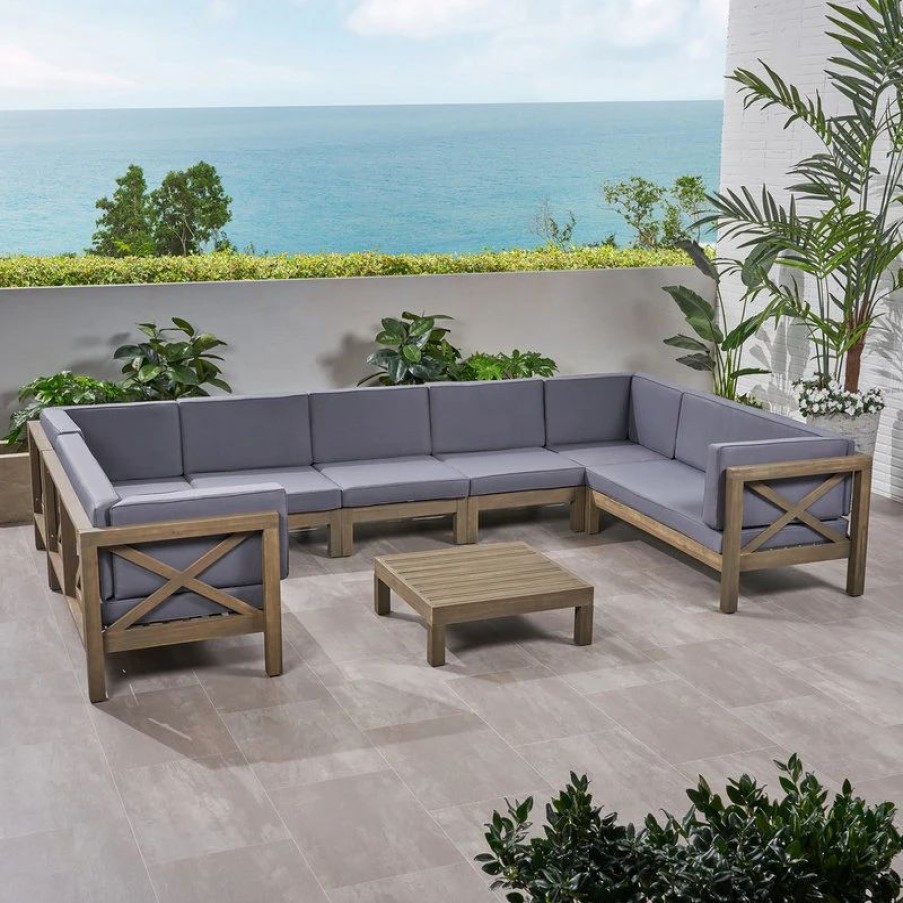 Outdoor Lounge Furniture * | Gdfstudio Isabella Outdoor 9 Seater Acacia Wood Sectional Sofa Set, Dark Gray