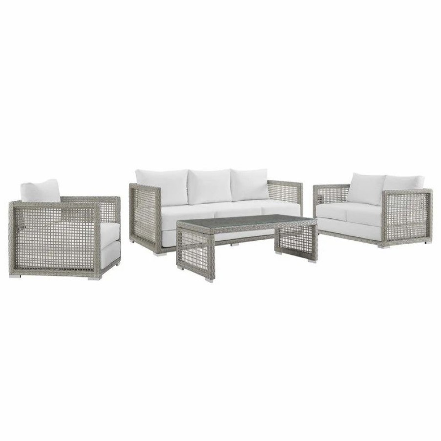 Outdoor Lounge Furniture * | Lexmod Aura 4 Piece Outdoor Patio Wicker Rattan Set, Gray White