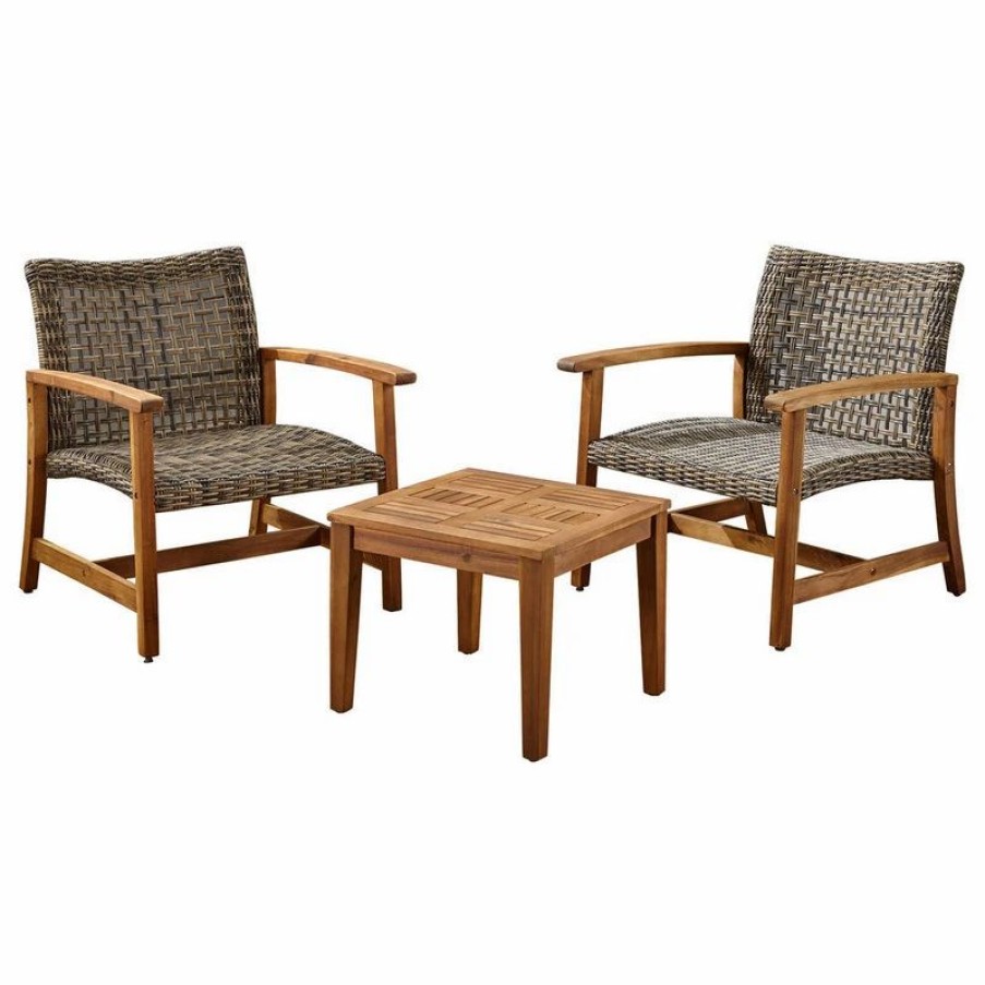 Outdoor Lounge Furniture * | Gdfstudio Alyssa Outdoor 3-Piece Wood And Wicker Club Chairs And Side Table Set, Gray/Natu