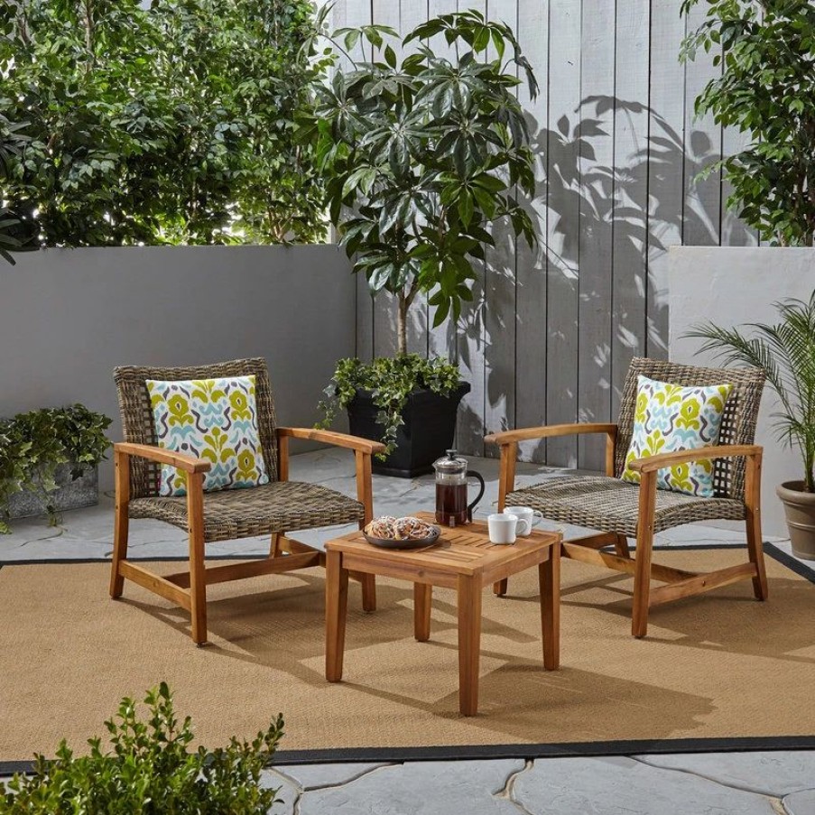 Outdoor Lounge Furniture * | Gdfstudio Alyssa Outdoor 3-Piece Wood And Wicker Club Chairs And Side Table Set, Gray/Natu