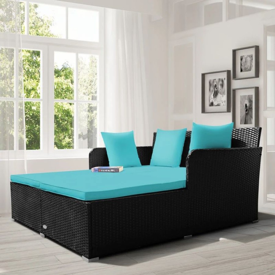 Outdoor Lounge Furniture * | Costway Outdoor Patio Rattan Daybed Pillows Cushioned Sofa Furniture Turquoise