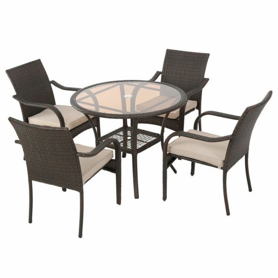 Outdoor Dining Furniture * | Gdfstudio Gdf Studio Novena Outdoor 5-Piece Brown Wicker Dining With Cushions Set