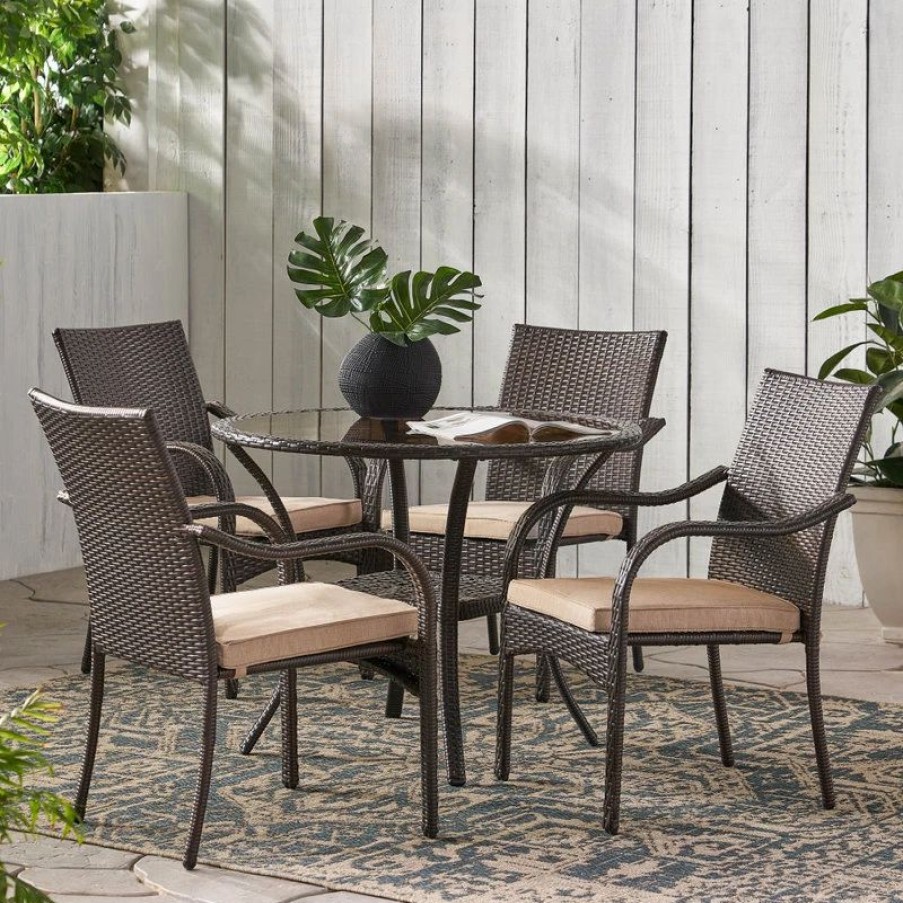 Outdoor Dining Furniture * | Gdfstudio Gdf Studio Novena Outdoor 5-Piece Brown Wicker Dining With Cushions Set