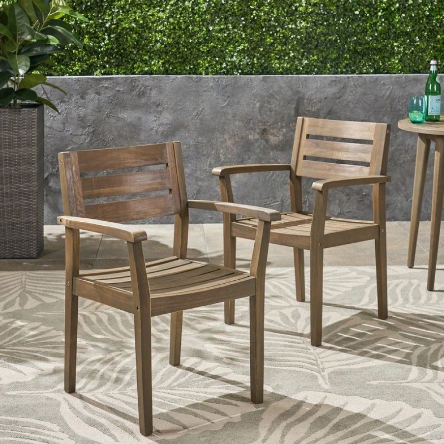 Outdoor Chairs * | Gdfstudio Gdf Studio Stamford Outdoor Acacia Wood Dining Chairs, Set Of 2, Gray Finish