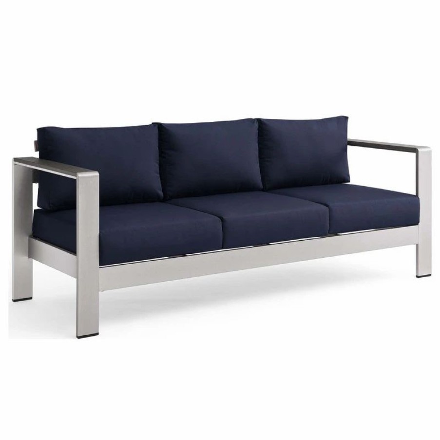 Outdoor Lounge Furniture * | Lexmod Shore Outdoor Patio Aluminum Sofa, Silver Navy