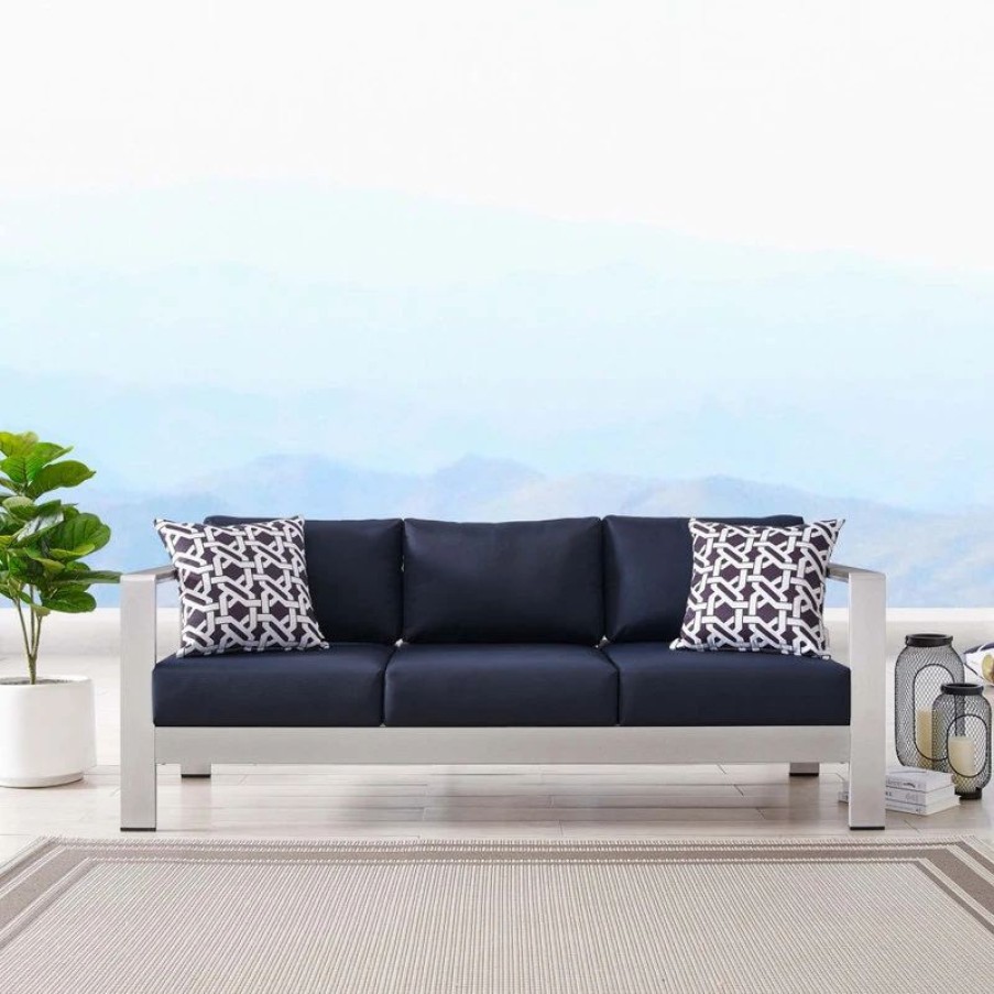 Outdoor Lounge Furniture * | Lexmod Shore Outdoor Patio Aluminum Sofa, Silver Navy