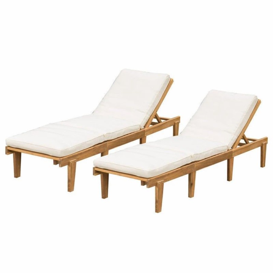 Outdoor Chairs * | Gdfstudio Paolo Outdoor Teak Wood Chaise Lounge With Cushions, Set Of 2