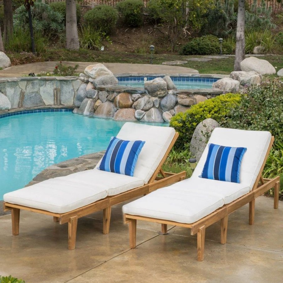 Outdoor Chairs * | Gdfstudio Paolo Outdoor Teak Wood Chaise Lounge With Cushions, Set Of 2