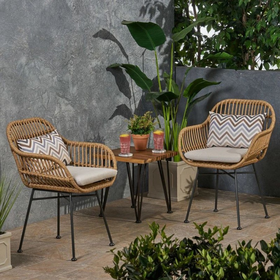 Outdoor Chairs * | Gdfstudio Rodney Outdoor Woven Faux Rattan Chairs With Cushions, Set Of 2, Light Brown, Be