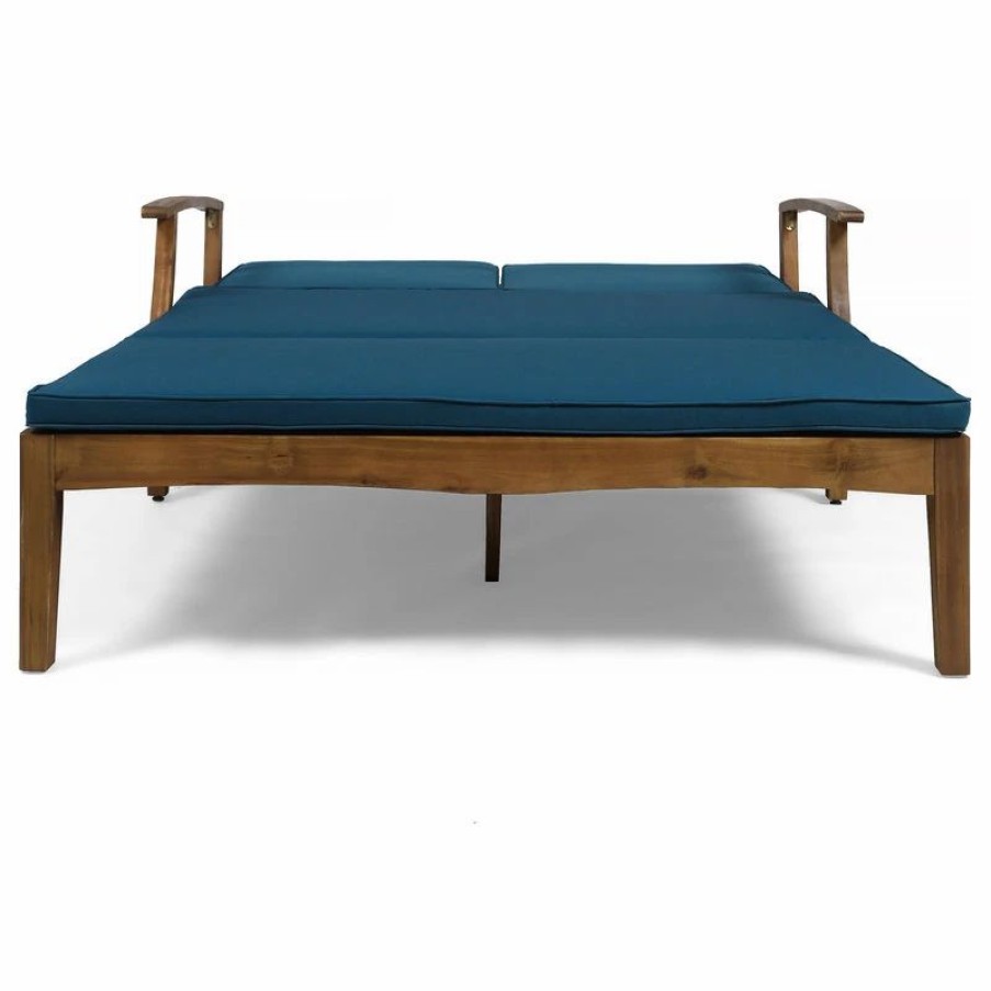 Outdoor Chairs * | Gdfstudio Gdf Studio Samantha Outdoor Acacia Wood Double Chaise Lounge, Teak Finish/Blue