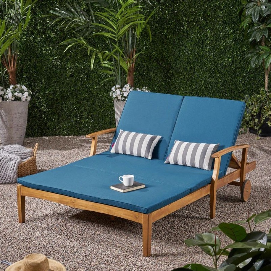 Outdoor Chairs * | Gdfstudio Gdf Studio Samantha Outdoor Acacia Wood Double Chaise Lounge, Teak Finish/Blue