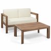 Outdoor Lounge Furniture * | Gdfstudio Lucia Outdoor 2 Seater Wooden Loveseat And Coffee Table Chat Set With Cushions