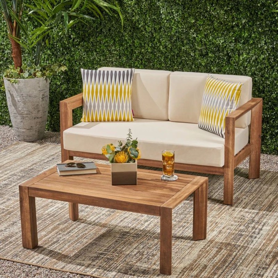 Outdoor Lounge Furniture * | Gdfstudio Lucia Outdoor 2 Seater Wooden Loveseat And Coffee Table Chat Set With Cushions