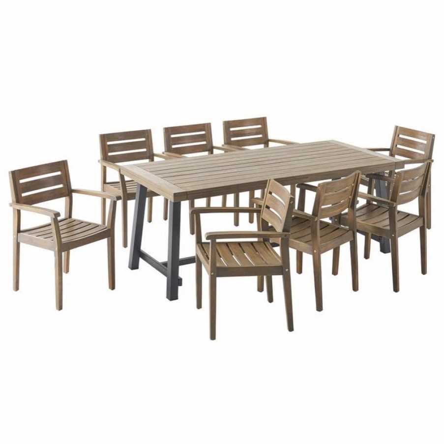 Outdoor Dining Furniture * | Gdfstudio Kelly Outdoor Acacia Wood 8 Seater Dining Set, Gray, Black