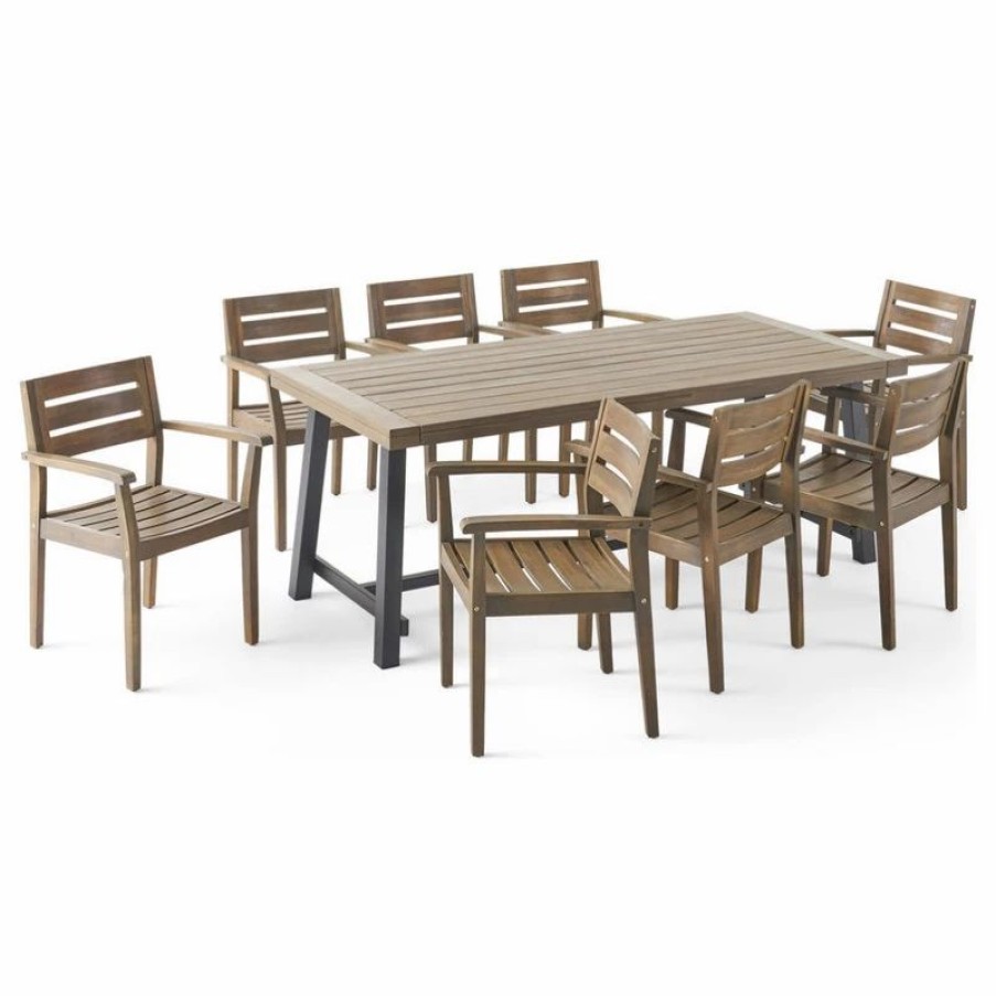 Outdoor Dining Furniture * | Gdfstudio Kelly Outdoor Acacia Wood 8 Seater Dining Set, Gray, Black