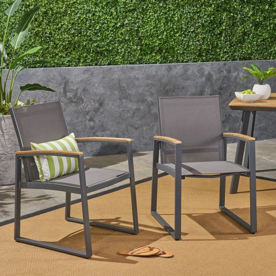 Outdoor Chairs * | Gdfstudio Aubrey Outdoor Mesh Dining Chair, Set Of 2, Gray