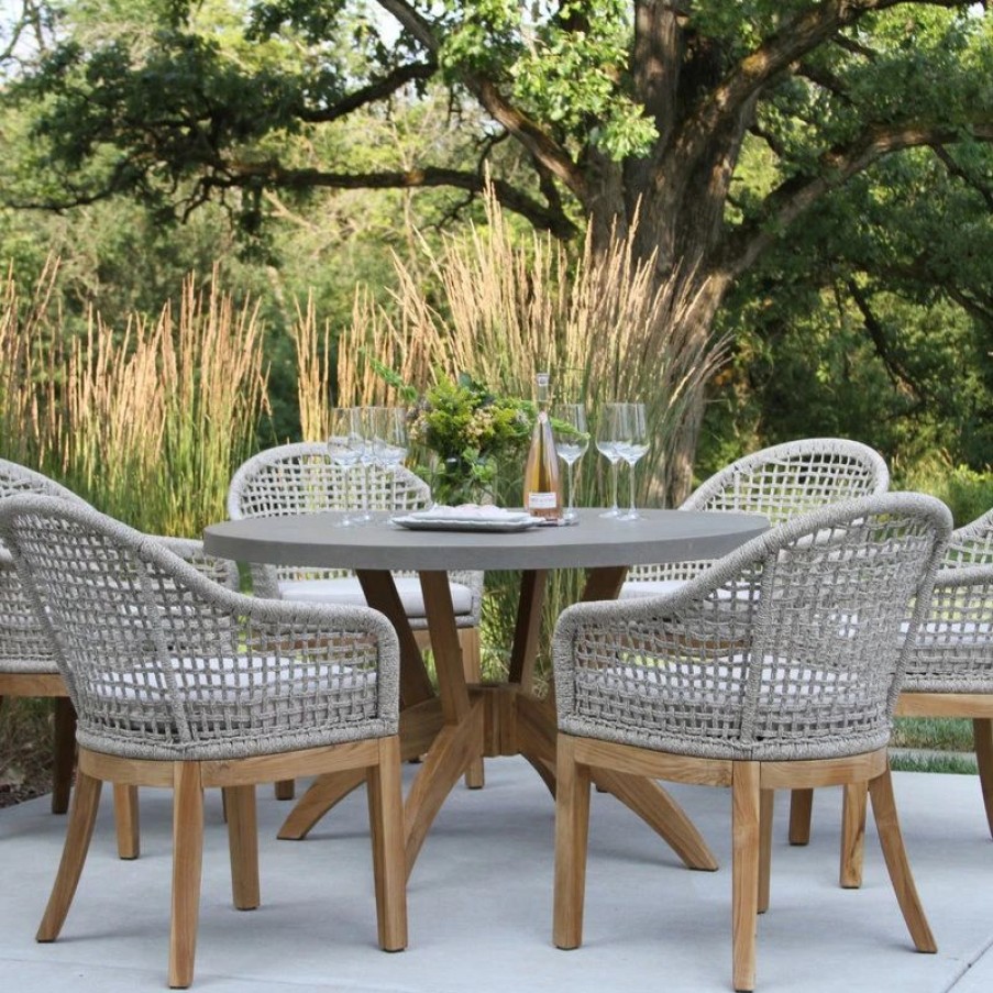 Outdoor Dining Furniture * | Outdoor Interiors 7-Piece Nautical Teak, Rope And Composite Round Dining Set With Sunbrella