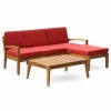 Outdoor Lounge Furniture * | Gdfstudio Gdf Studio Grenada 3-Seater Acacia Sectional Set With Coffee Table And Ottoman, Teak Finish/Red