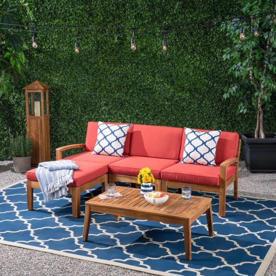 Outdoor Lounge Furniture * | Gdfstudio Gdf Studio Grenada 3-Seater Acacia Sectional Set With Coffee Table And Ottoman, Teak Finish/Red