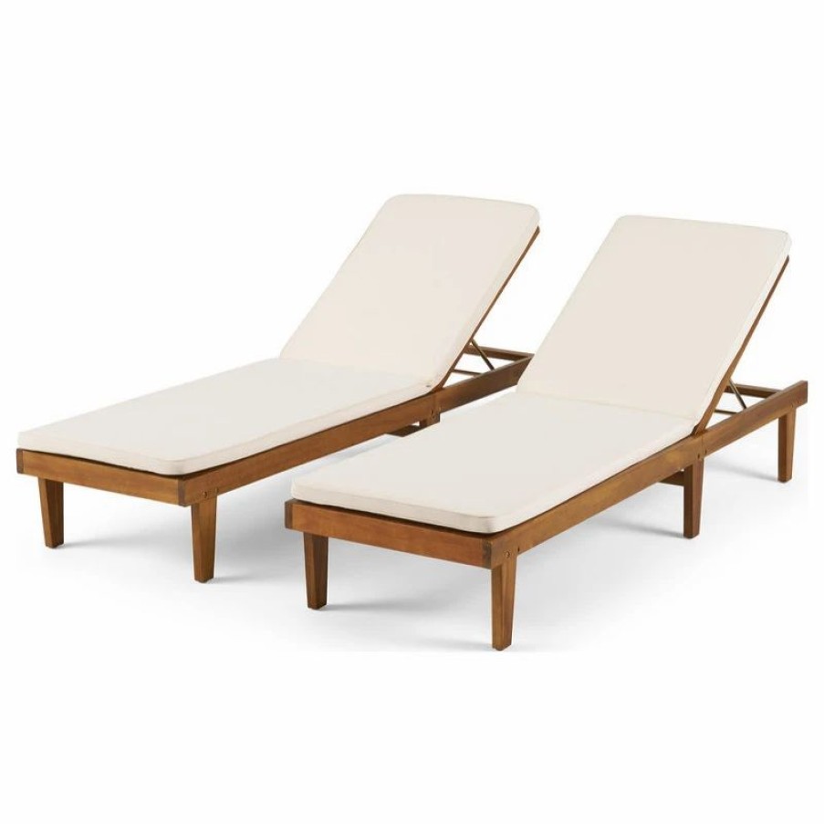 Outdoor Chairs * | Gdfstudio Nancy Oudoor Modern Wood Chaise Lounge With Cushion, Set Of 2, Teak/Cream