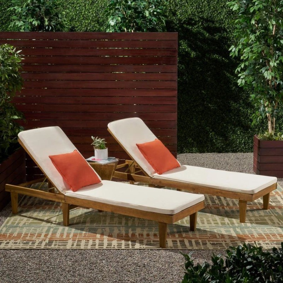 Outdoor Chairs * | Gdfstudio Nancy Oudoor Modern Wood Chaise Lounge With Cushion, Set Of 2, Teak/Cream