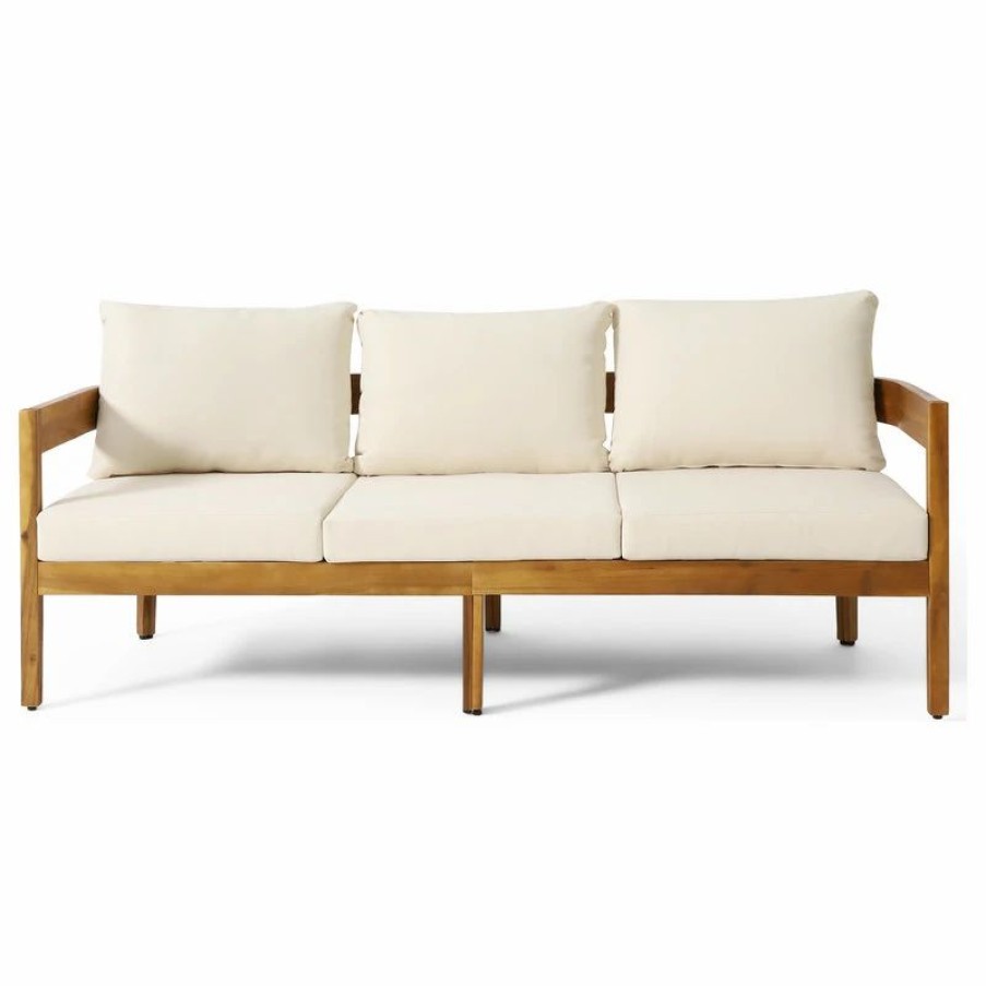 Outdoor Lounge Furniture * | Gdfstudio Brooklyn Outdoor Acacia Wood 3 Seater Sofa With Cushions, Teak And Beige