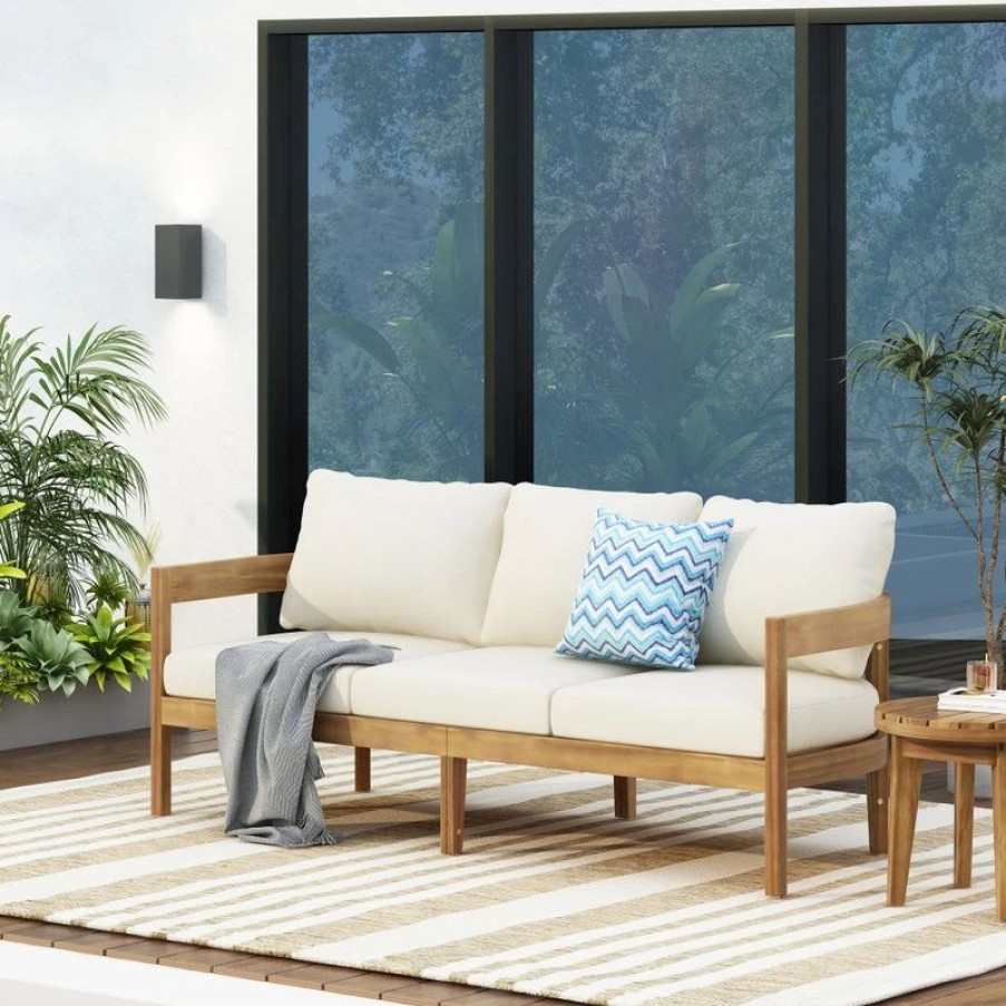 Outdoor Lounge Furniture * | Gdfstudio Brooklyn Outdoor Acacia Wood 3 Seater Sofa With Cushions, Teak And Beige