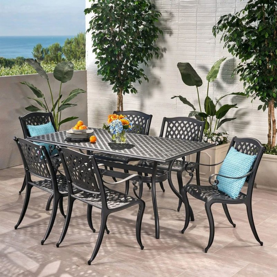 Outdoor Dining Furniture * | Gdfstudio Gdf Studio Marietta Outdoor 7-Piece Cast Aluminum Black Sand Dining Set