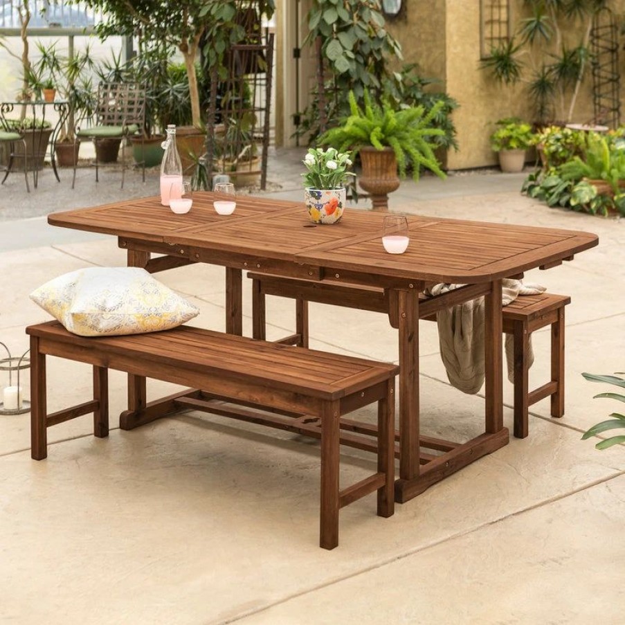 Outdoor Dining Furniture * | Walker Edison 3-Piece Dark Brown Acacia Patio Dining Set