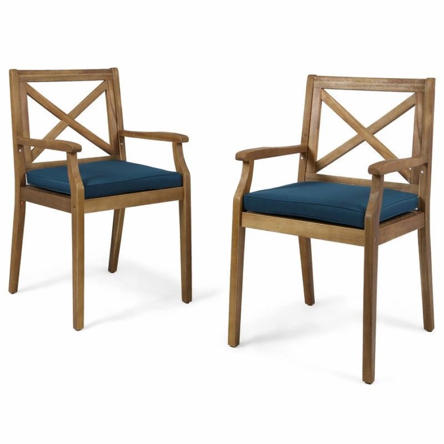 Outdoor Chairs * | Gdfstudio Gdf Studio Peter Outdoor Acacia Wood Dining Chair, Set Of 2, Teak/Blue Cushion