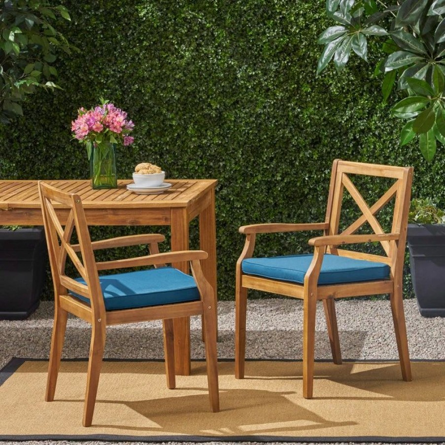 Outdoor Chairs * | Gdfstudio Gdf Studio Peter Outdoor Acacia Wood Dining Chair, Set Of 2, Teak/Blue Cushion