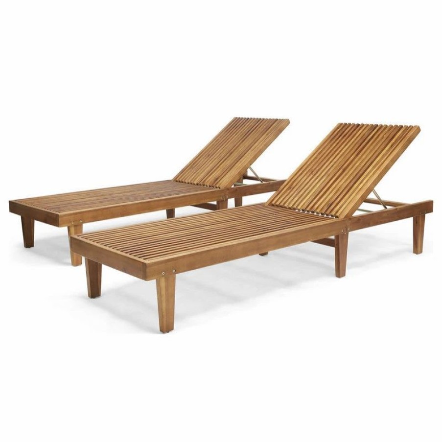 Outdoor Chairs * | Gdfstudio Addisyn Outdoor Wooden Chaise Lounge, Set Of 2, Teak Finish