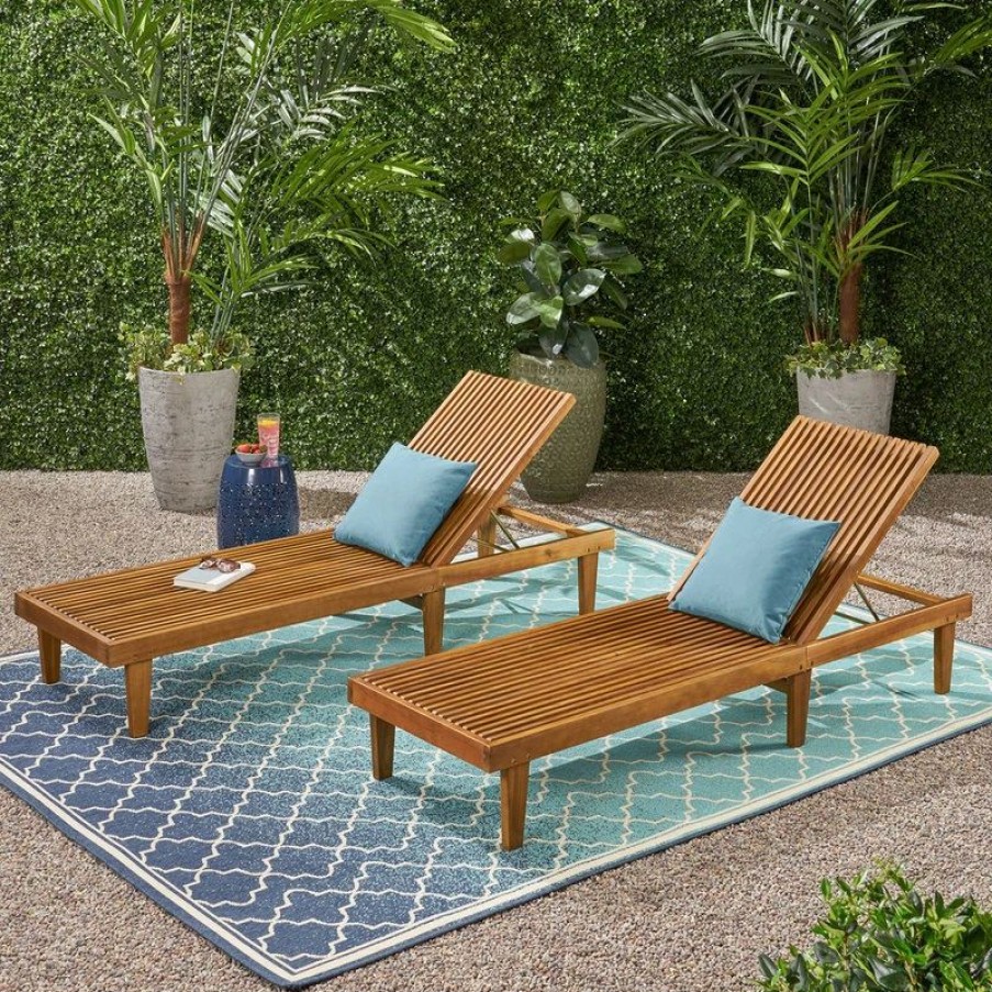 Outdoor Chairs * | Gdfstudio Addisyn Outdoor Wooden Chaise Lounge, Set Of 2, Teak Finish