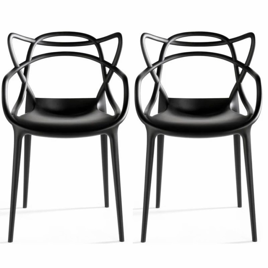 Outdoor Chairs * | Homedotdot Stackable Molded Plastic Dining Chair With Arms Kitchen Outdoor Modern Set Of 2, Black