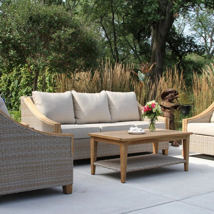 Outdoor Lounge Furniture * | Outdoor Interiors Ash Wicker And Teak Sofa With Sunbrella Fabrics