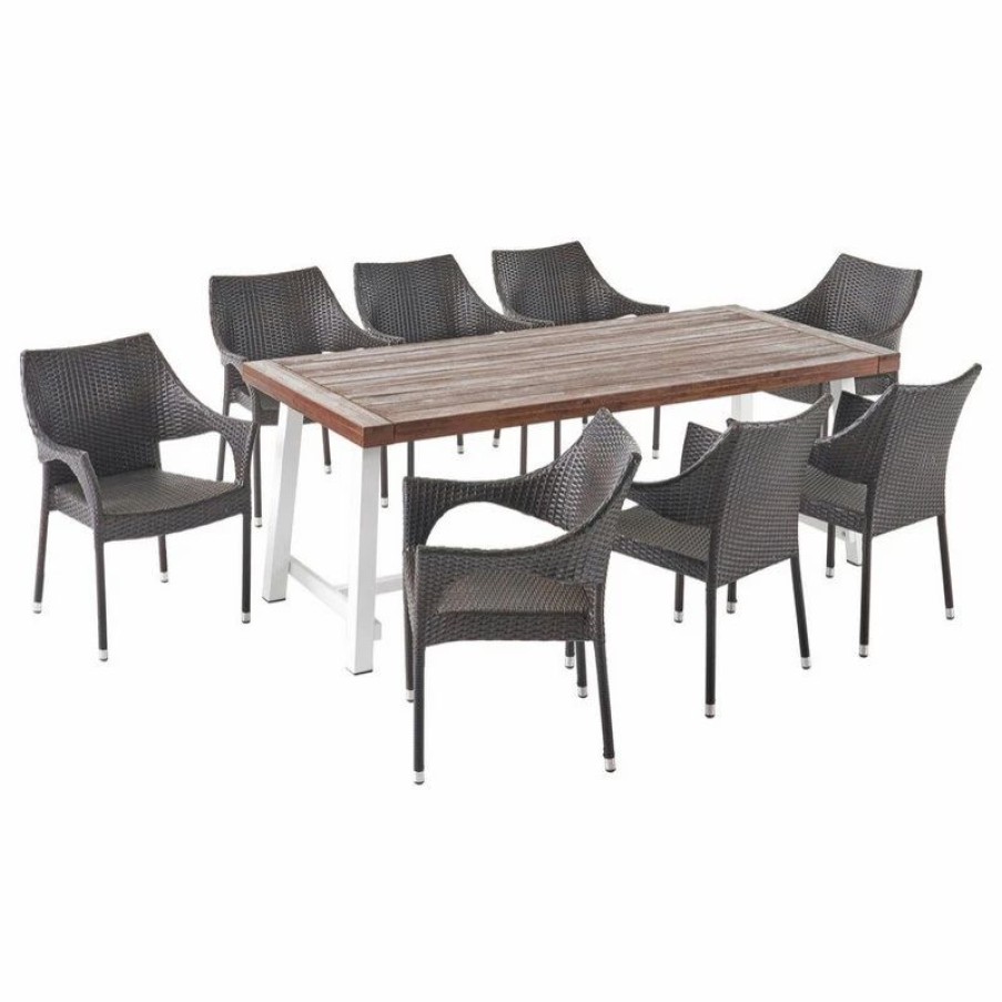 Outdoor Dining Furniture * | Gdfstudio Sabrina Outdoor Wood And Wicker 8 Seater Dining Set, Dark Brown, White, Multibro