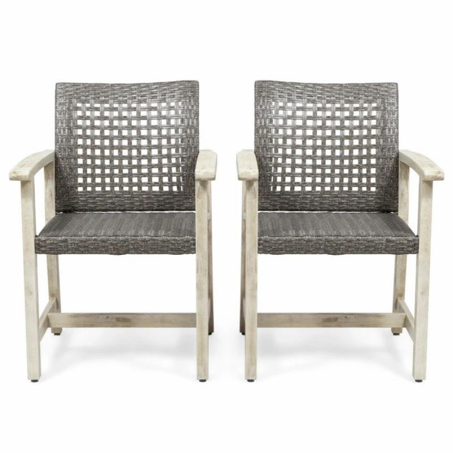 Outdoor Chairs * | Gdfstudio Eartha Outdoor Acacia Wood And Wicker Dining Chair, Set Of 2