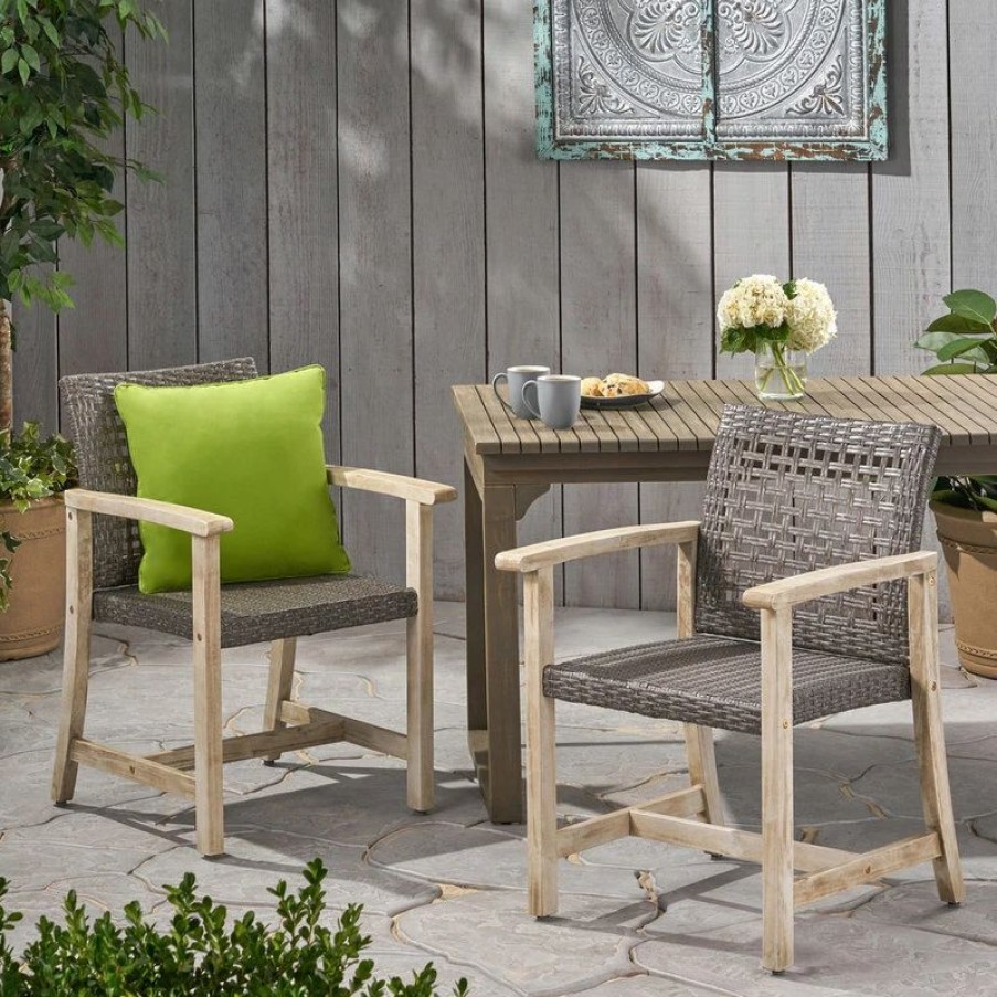 Outdoor Chairs * | Gdfstudio Eartha Outdoor Acacia Wood And Wicker Dining Chair, Set Of 2