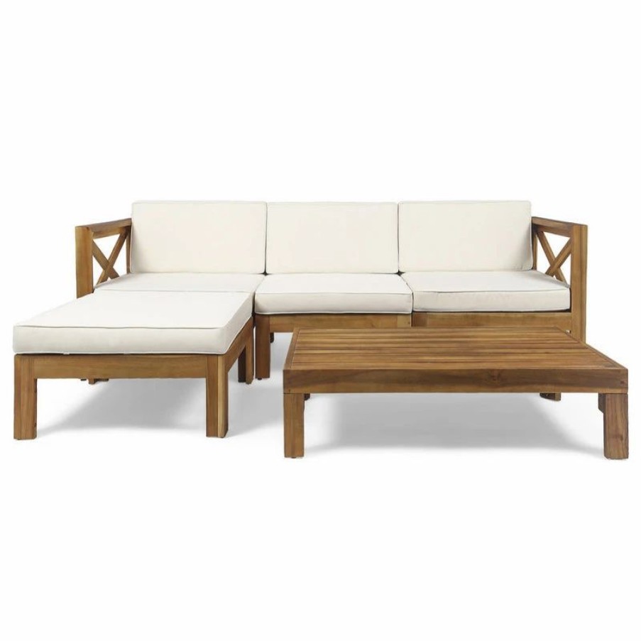 Outdoor Lounge Furniture * | Gdfstudio Mamie Outdoor Acacia Wood 5-Piece Sofa Set, Teak Finish, Beige