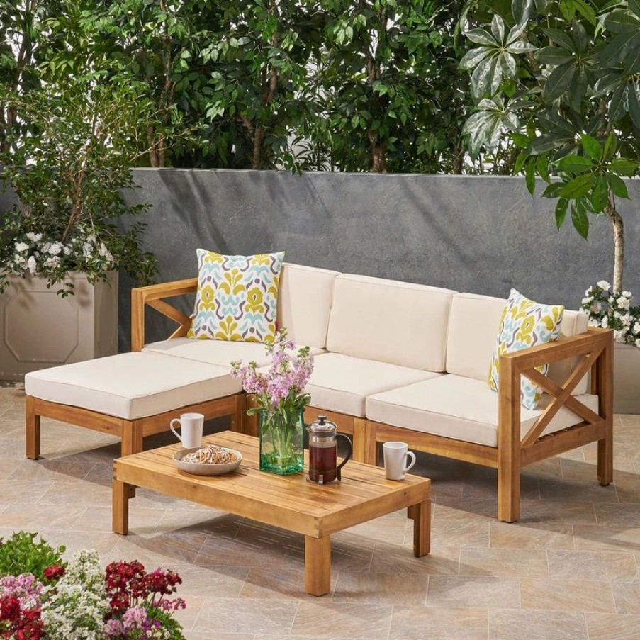 Outdoor Lounge Furniture * | Gdfstudio Mamie Outdoor Acacia Wood 5-Piece Sofa Set, Teak Finish, Beige