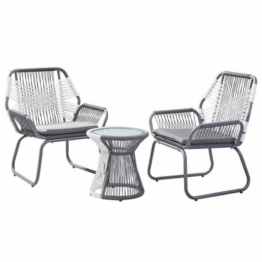 Outdoor Lounge Furniture * | Gdfstudio Gdf Studio 3-Piece Ava Outdoor Rope And Steel Chat Set, Gray Finish And White